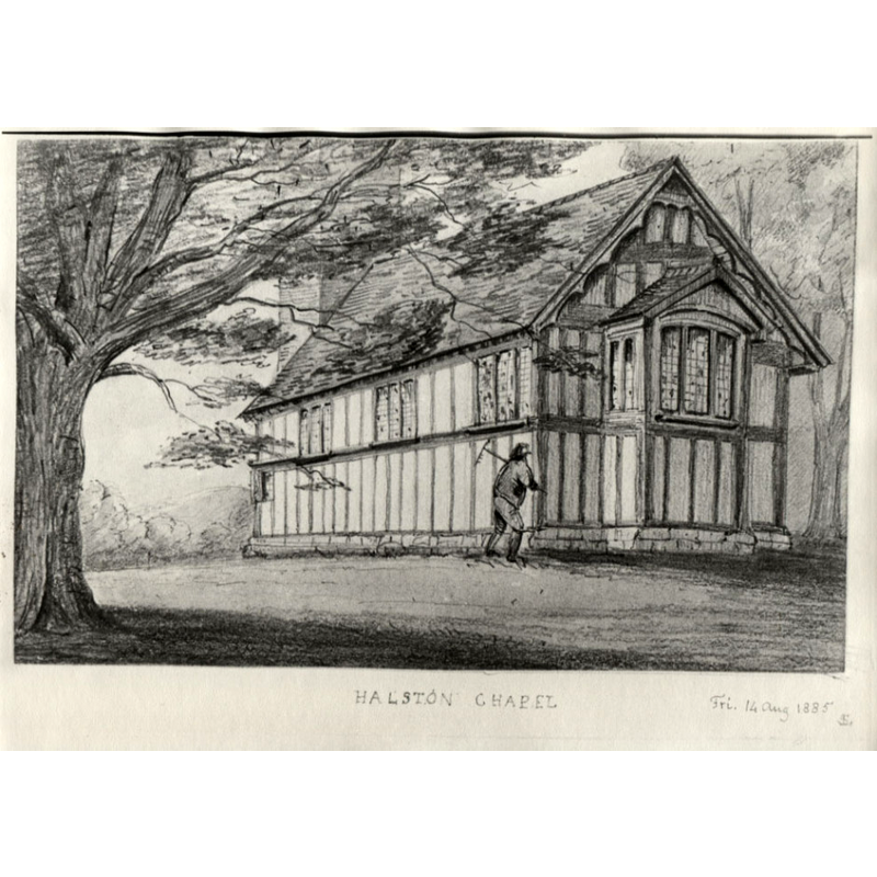 Source caption: "Halston, Whittington, Shropshire. (E.Wright Esq.)  Volume 4 Stanley Leighton Sketches"
EXT SE digital photograph taken in Halston Hall Estate [www.halstonestate.co.uk/img_wedding_venues_shropshire/halston_chapel.jpg] [accessed 6 March 2018] PERMISSION REQUESTED EMAIL OF 6 MARCH 2018
EXT W digital image From photo by Mrs. W.W. Naunton. Lantern Slide. Shrewsbury Museums Service (SHYMS: ). Image sy12390  [www.darwincountry.org/assets/userfiles/large/sy12390.jpg] [accessed 6 March 2018]  ©Shrewsbury Museums Service NO KNOWN
INT W/FONT digital photograph taken in Halston Hall Estate [www.halstonestate.co.uk/img_wedding_venues_shropshire/wedding_venue_002.jpg] [accessed 6 March 2018] PERMISSION REQUESTED EMAIL OF 6 MARCH 2018