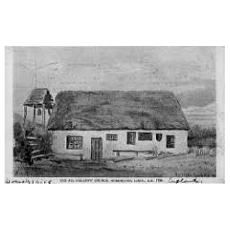this is probably the photograph (drawing?)  of the old church that is now hanging in the new church at Horsington, Lincs