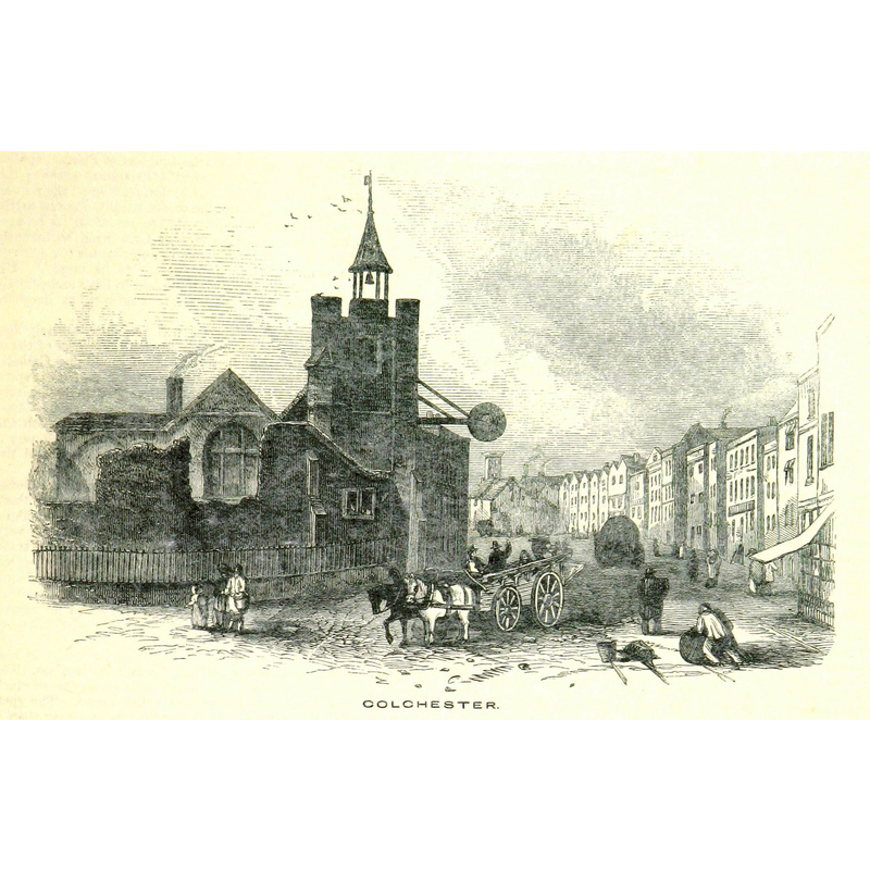 Source caption: "High Street and Church of St Nicholas. 14th Century. Rebuilt in the 1870s. Demolished in 1954 to make way for a large Co-op store."

Old PRINT2 digital image of a B&W photograph taken ca. 1880; author: KentBlaxill1838 [https://commons.wikimedia.org/wiki/File:Colchester_St_1880.jpg] [accessed 11 June 2018] CC-BY-SA-4.0
