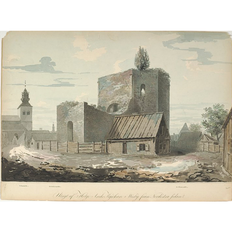 Source caption: "RAÄ-nummer Visby 55:1. Ruinen från nordost. Akvarellerad teckning från 1807 av Jacob Wilhelm Gerss. Visby 55:1."