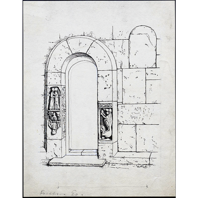 Source caption: "Farfhems kyrka. Korportalen. Tuschteckning av Olof Sörling. troligen från 1800-talets slut."