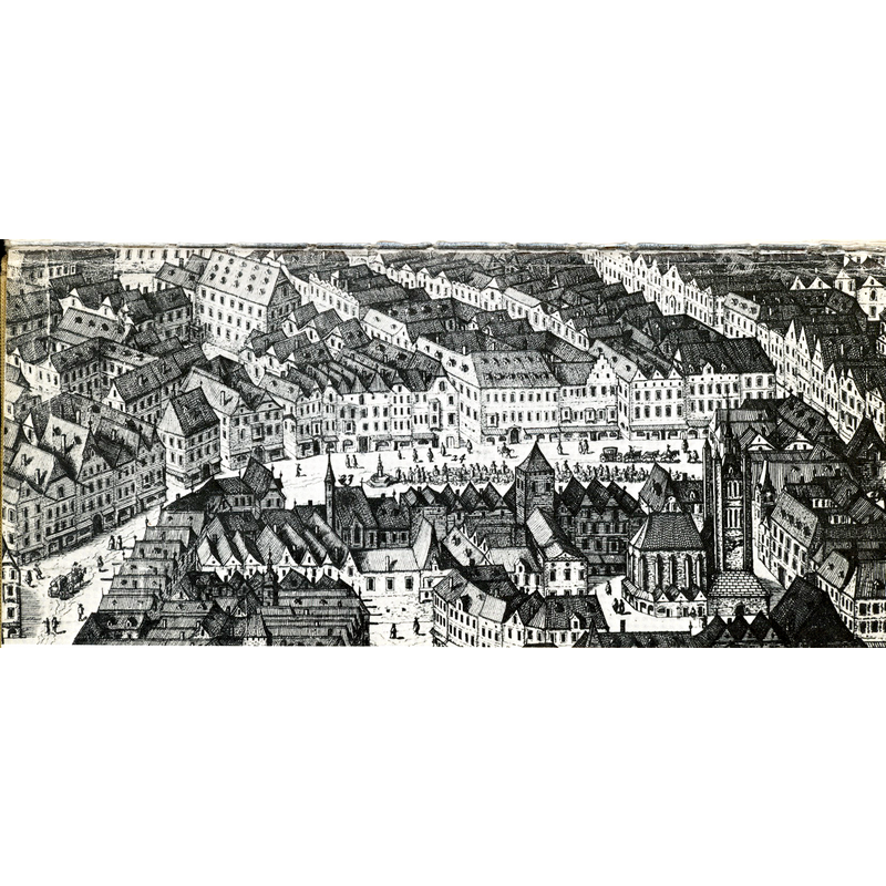 seen here on the right, appearinf to be a chancel directly attached to the tower, is the medieval church of St. Peter that would be destroyed by fire in 1661