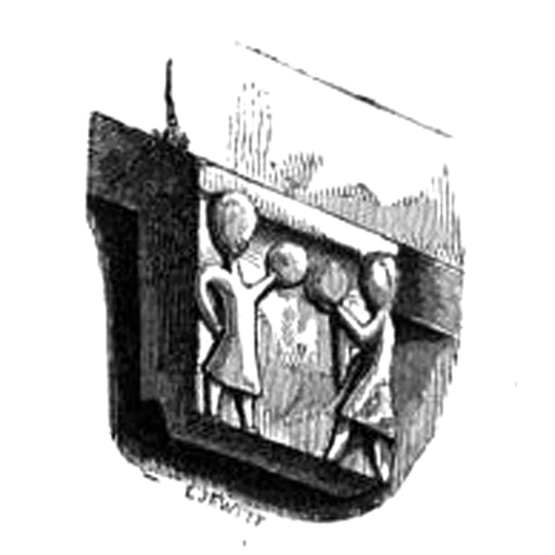 described in Hewitt: "The corbel at the west end of the table, under the buttress of the tower is curious. It is much larger than the others, and bears two figures, as shown in the engraving".