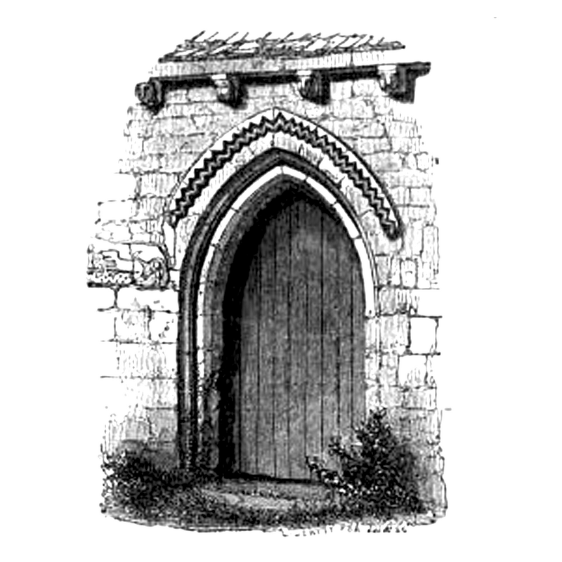 Notice the carved frieze-like stone to the laft of the portal -- Hewitt writes: "The most interesting thing, however, about the church, was its south doorway (which within the last few years had been built up), and a curious piece of sculpture adjoining it. This doorway I here give [...] It will be seen that it is a pointed arch, of decorated character, with a zigzag dripstone. The sculptured stone, I take to have been the tympanum of the original doorway, to which the zigzag dripstone has belonged; and that at some distant period, probably early in the XIV. Century, it was taken down, the present doorway inserted, the tympanum built into the wall, and the zigzag moulding, which had formed the drip of the round headed door, used for the same purpose in the pointed one."
