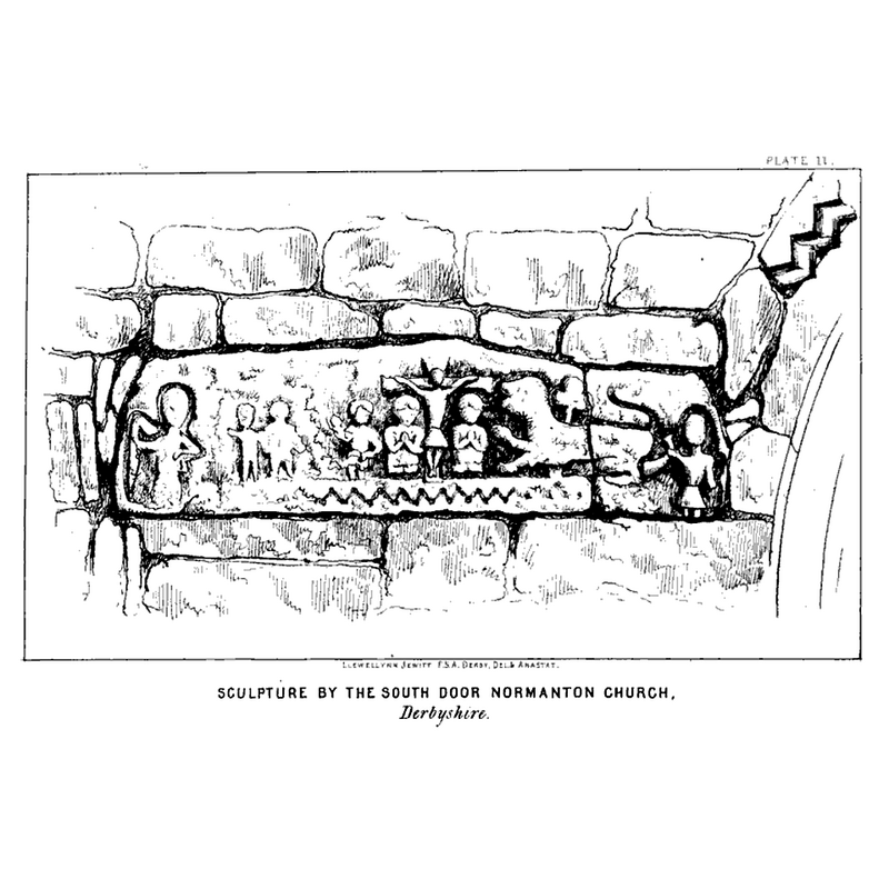 This stone, which just before the demolition of Old St Giles 1861 had been built into the south wall of the church, just left of the 14thC south portal, was believed by Hewitt to have been the tympanum of the Norman suth portal: "a drawing I made, a few days only, before its removal. It is in a very dilapidated state, and some portions have entirely mouldered away. The central representation of the crucifixion, with the kneeling figures on either side; the huntsman with his horn, the beast in the wood and other figures, are clearly visible, and show the stone to be a very early specimen of art."  In an accompanying footote is a remark by Hewitt worth reproducing here: "I am happy to add that this stone --which has been scarcely known to be in existence, and which a celebrated architect very recently, on its being pointed out to him, declared to be marked only with weatherings (!), and who struck it with a hammer in more places than one to prove his assertion (and the marks of that iconaelastic hammer are still visible)-- is to be preserved in the new church now being erected."