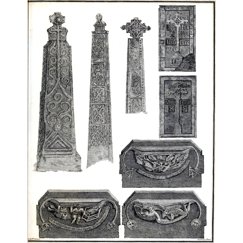 the engraving shows the three Anglo-Saxon graveyard crosses as well as other objects