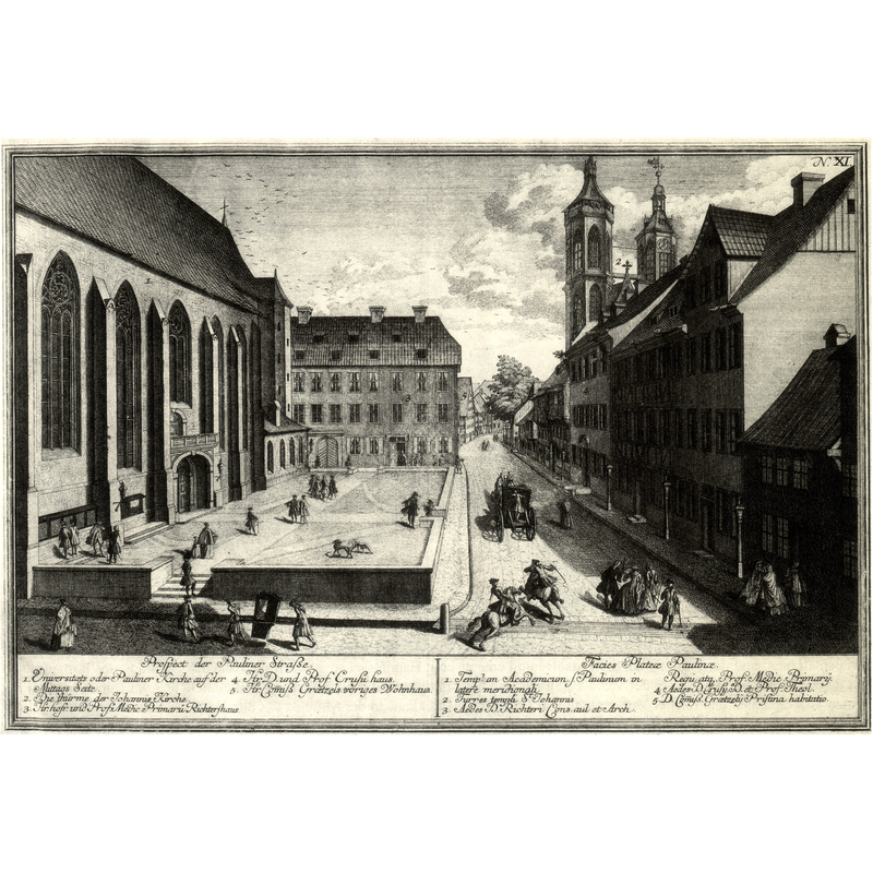 Source caption: "Prospect der Pauliner Straße. Blick von Westen in die Paulinerstraße in Göttingen, links die Paulinerkirche, hinten rechts die Türme der Johanniskirche. Kupferstich, Tafel XI aus Wahre Abbildung, Der Königl. GroßBritan. und Churfürstl. Braunschw. Lüneb. Stadt, Göttingen. Ihrer Grund-Lage, Aüserl. und Innerliche Prospecte und der Zum Georg Augustus Universitaet gehörigen gebäude Gezeichnet, und in Kupffer herauß gegeben, durch Georg Daniel Heumann Königl. Groß-Brit. Hoff und Universitaets Kupfferstecher in Goettingen".
