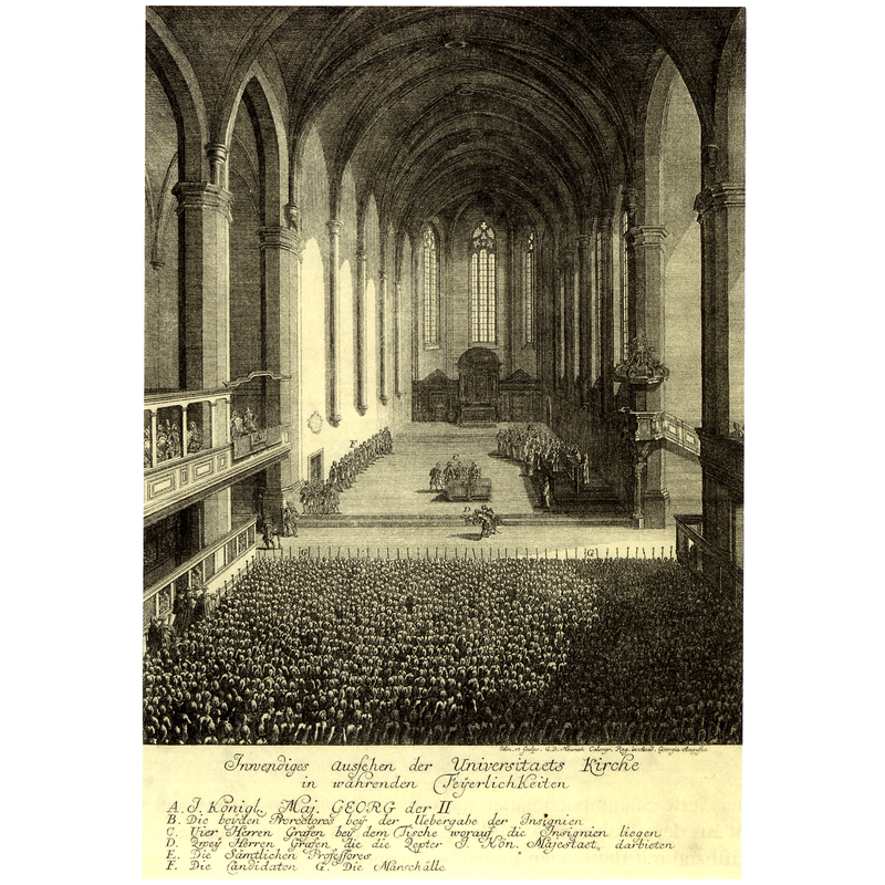 Source caption: "Das Blatt stellt den Innenraum der Kirche anläßlich der Feierlichkeiten beim Besuch Georgs II. von Großbritannien am 1. August 1748 dar."