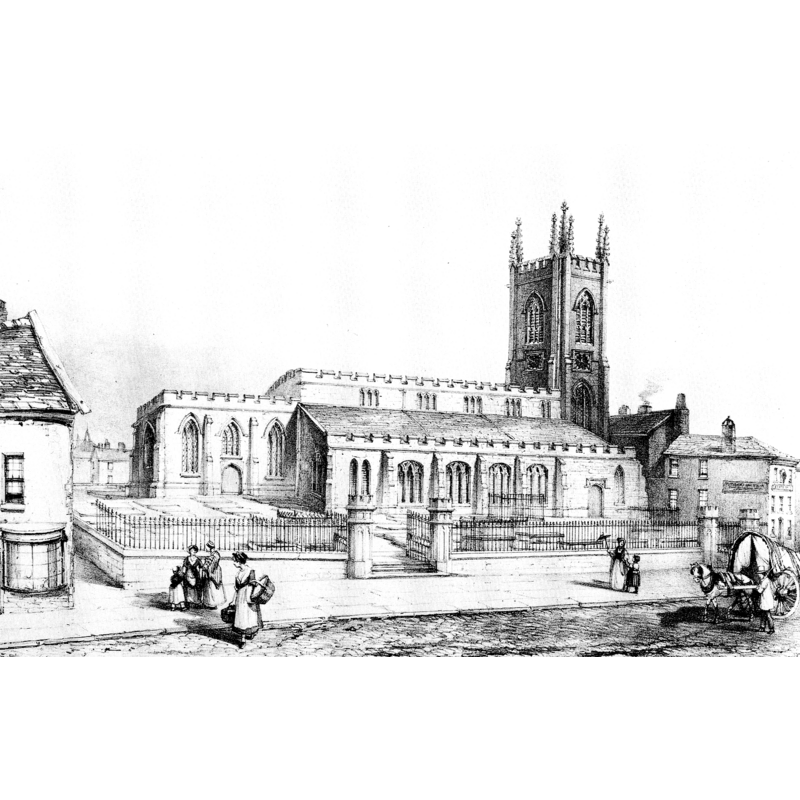 Source caption: "Lithograph of the former St John's parish church, Preston, Lancashire, demolished in 1853, on the site of the present Minster".