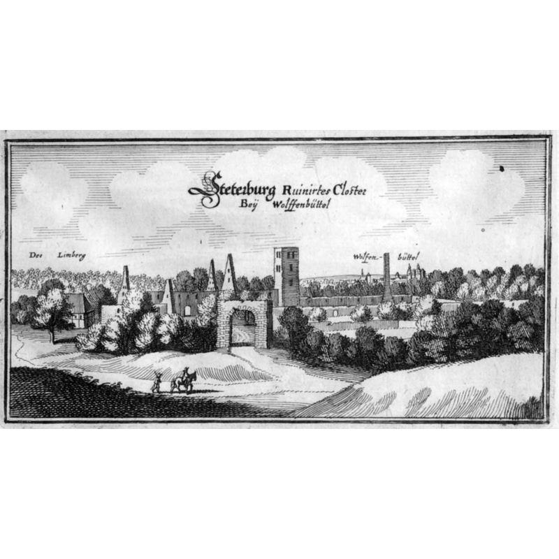 ruins of the monastery of Steterburg destroyed in the Thirty Years' War [ Dreißigjährigen Krieg] by the retreating Danes and, later, the Swedes -- Wolfenbüttel is noted the east [right] of Steterburg