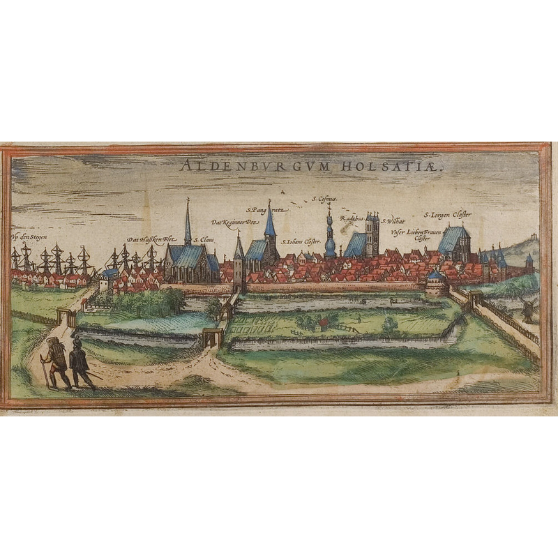 Cosmaekirche identified as St Cosmus in the 1572 view of Stade ["Aldenburgum"]