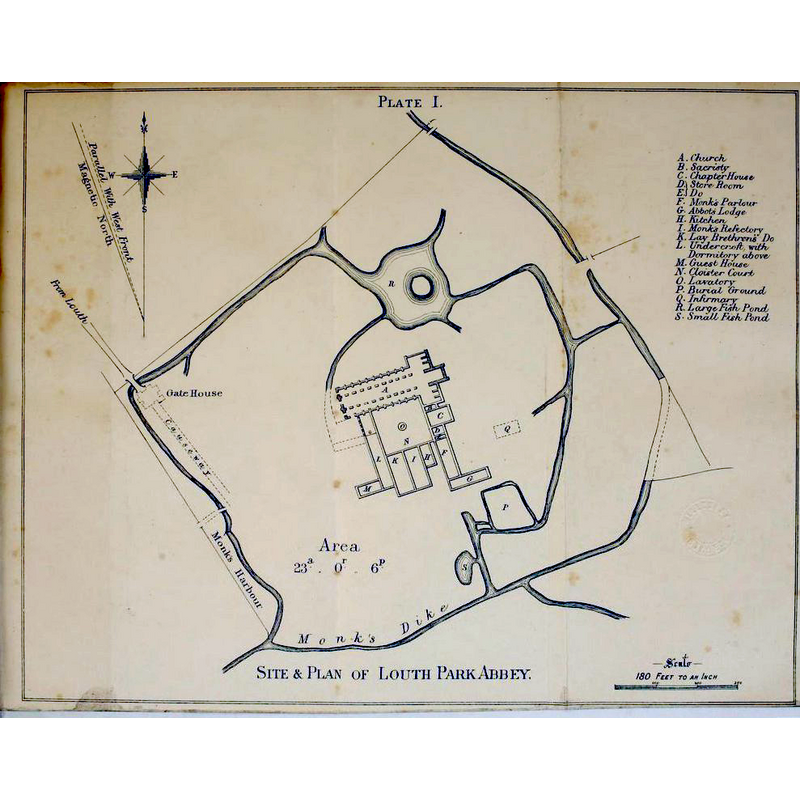 the abbey church, marked A in this map, has the cloister attached to its north side