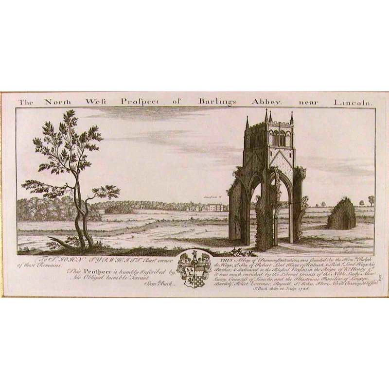 the west tower of the abbey church was still standing in 1726, when the engraving was done; it would collapse in 1757