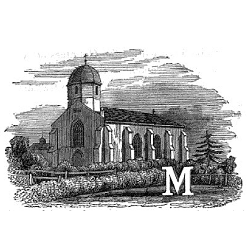 Source caption: "Initial "M" illustrated by Marfleet church, East Riding of Yorkshire, in about 1840"