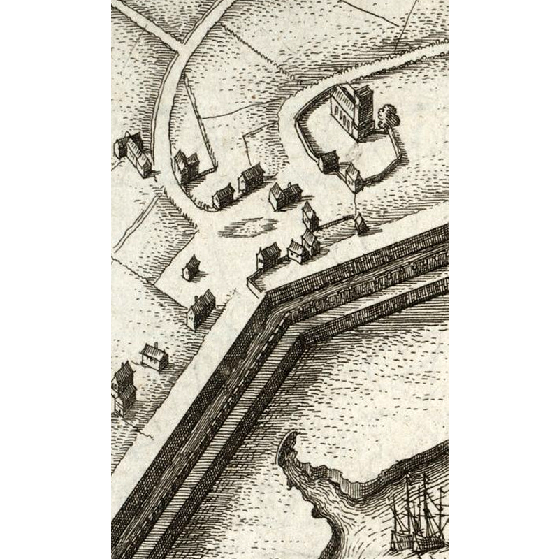 Source caption: "Image of Drypool village, walls of the Castle, and river Hull, cropped from Wenceslas Hollar's map of Hull, c.1640"