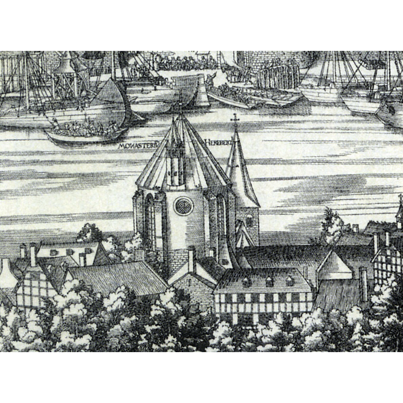 Source caption: "Ausschnitt mit Alt St. Heribert in Köln-Deutz aus dem Holzschnitt „Große Ansicht von Köln“"