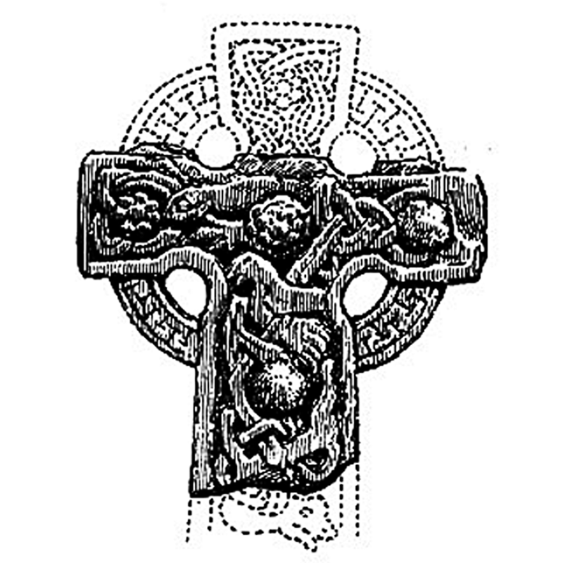 Source caption: "In the vicarage garden at North Frodingham is a broken cross head of Danish tenth-century workmanship" -- in Browne's (1912) version the dotted lines indicate a visual reconstruction