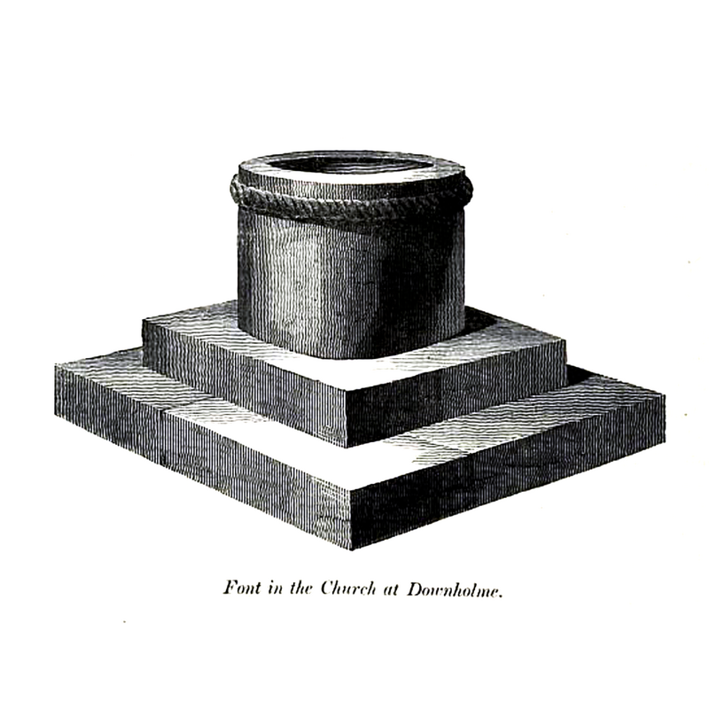 the original font was probably made at the time when the church was built, ca.1180; the thick rope moulding is still part of the re-carved font today