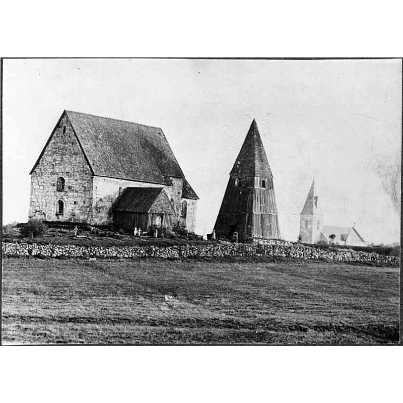 Source caption: "Hamneda kyrkoruin" -- in the foreground is the old church with its detached bell-cote