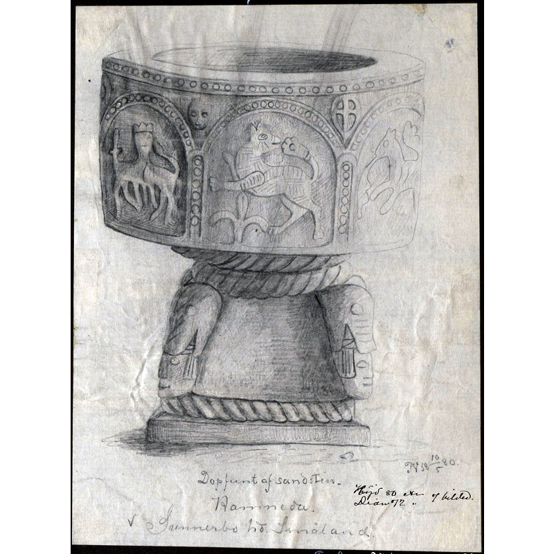 Source caption: "Den medeltida dopfunten. Blyertsteckning av Per Gustaf Vistrand, 10 maj 1880."