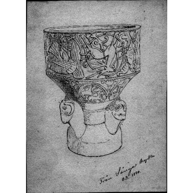 the artist, Olof Sörling, rendered in 1880 two of the heads on the base clearly as a ram (left) and a human (right)