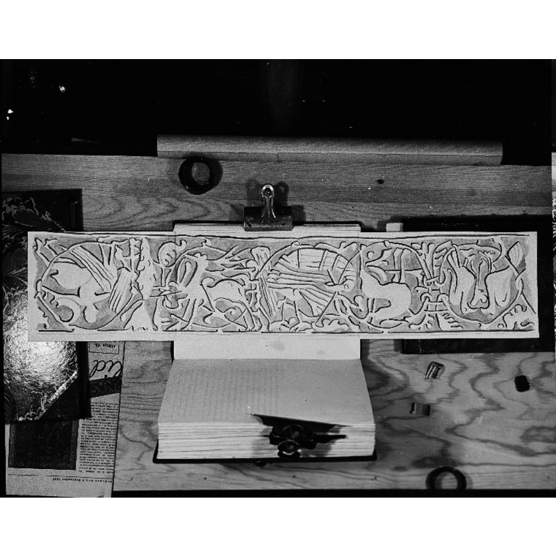 Original caption: "Dopfunt, sandsten, mellansvenskt arbete, 1100-talets slut, detalj, cuppan. Foto efter teckning? B. Boustedt och Hans E. Heineman, Sånga kyrka, konsthistoriskt inventarium 1943-44."