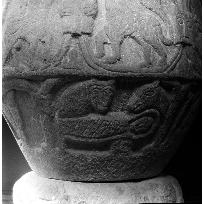 Christ child in the manger, with ox and mule