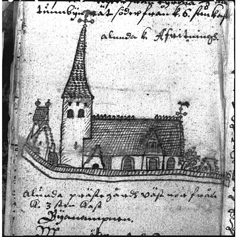 the church probably as it looked before the 19thC restoration -- Source caption: "Foto av teckning. Rhezelius, K. B."
