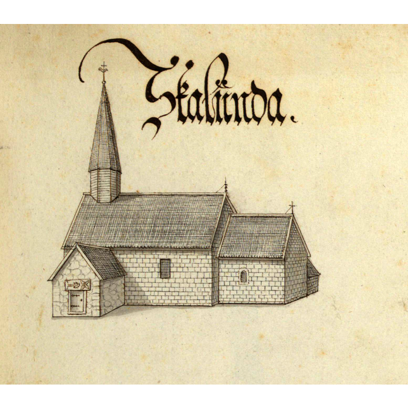 Source caption: "Skalunda kyrka. Kyrka, äldre, teckning ur Peringskiölds Monumenta, avfotograferad i färg. [...] End of the 17th century"