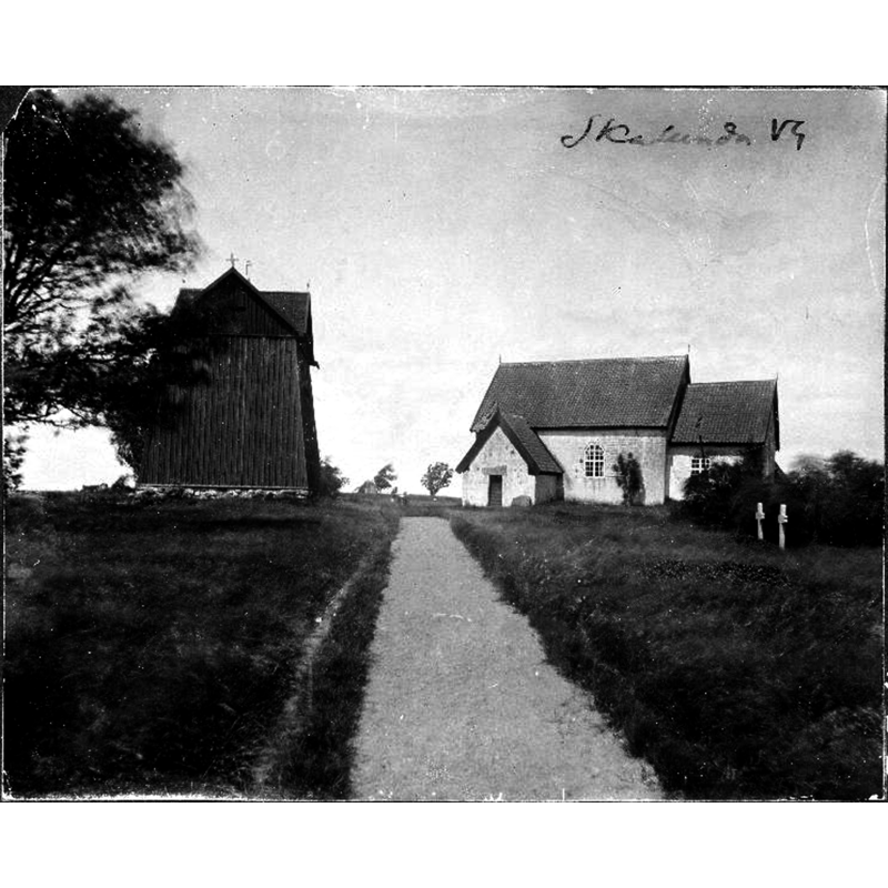 the photograph, probably early-20thC, showing the church and the late-18thC bell-cote across the path to the west