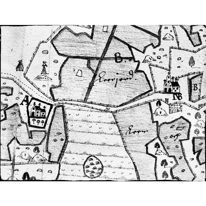 Source caption: "Karta över kyrkan med omgivning, utförd 1641 av Sven Månsson. (A. Kyrkan B. Prästgården.) Avfotografering. Lantmäteristyrelsens arkiv."  the distance between the main church building (identified by A in the map) and the bell tower, to the north across the path, can be appreciated in this mid-17thC map of Knutby