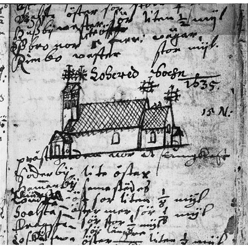 the church in a 1635 drawing -- notice the attached tower or belfry at the time