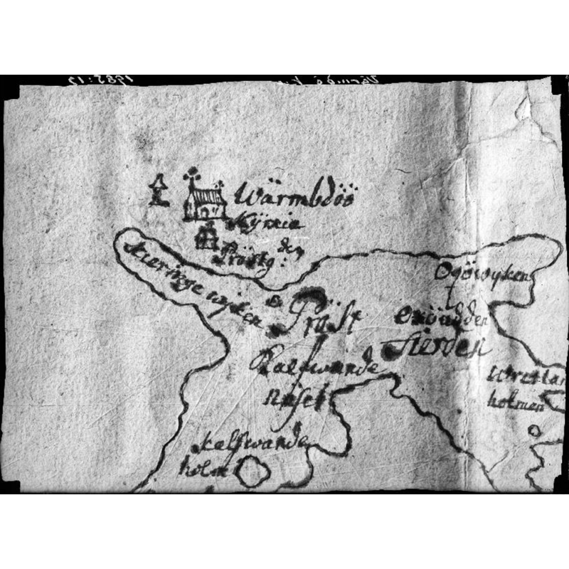 Source caption: "Karta: del av Värmdö socken på 1600-talets slut. Avfotografering. Stockholms läns Lantmäterikontor (nr 20)."  The map shows a detached bell tower to the west of it; the other building is captioned as the rectory