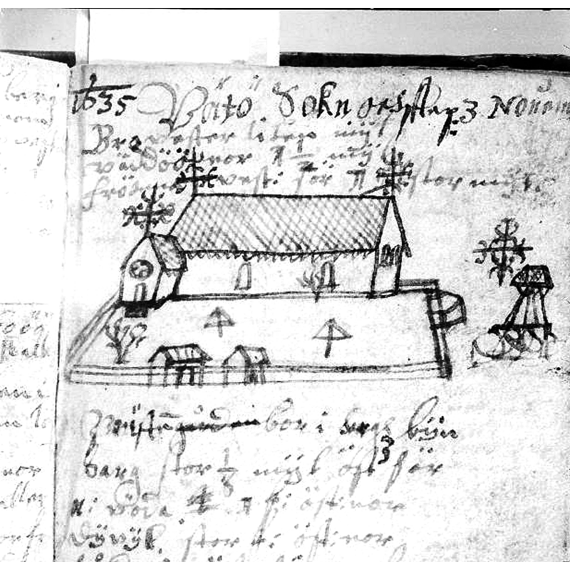 the church with the detached bell tower or cote visible to the east of the churchyard, as illustrated in Jonas Haquini Rhezelius' Monumenta Uplandica, 1635