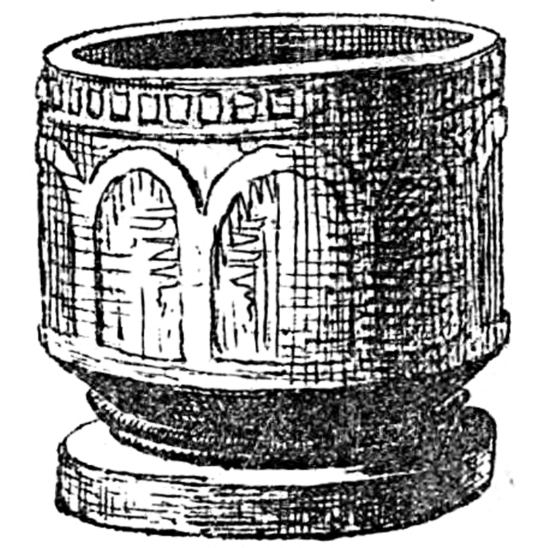 Source caption: "Dopfunt av sandsten i Heda kyrka, Östergötland. Teckning i "Utdrag af Antiqvitets-Intendenten P. A. Säves afgifna berättelse för år 1861", publicerad i Antiqvarisk tidskrift för Sverige band 1, 1864."