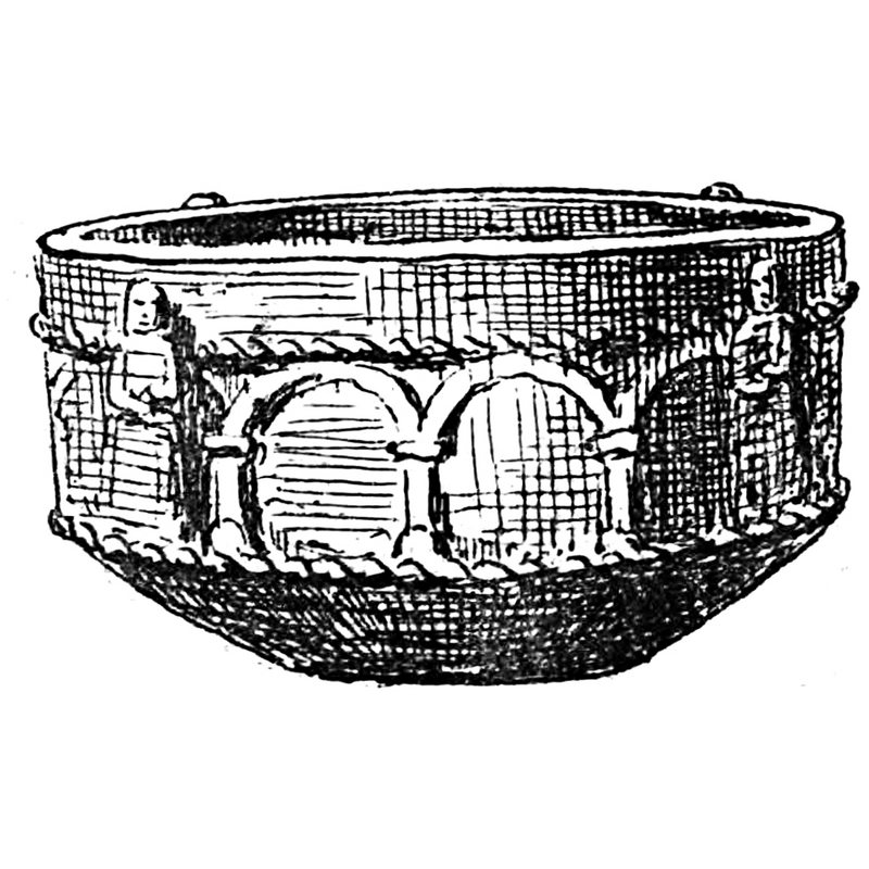 Source caption: "Överstycket till dopfunten i Hogstads kyrka, Östergötland. Mellanstycket saknas. Teckning i "Utdrag af Antiqvitets-Intendenten P. A. Säves [Pehr Arvid Säve] afgifna berättelse för år 1861", publicerad i Antiqvarisk tidskrift för Sverige band 1, 1864, plansch 18."