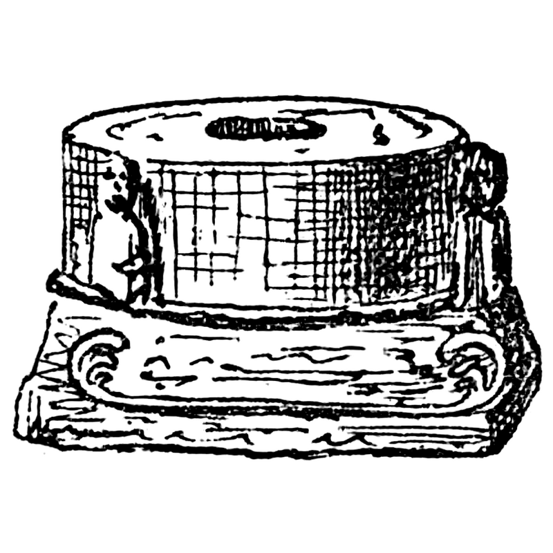 Source caption: "Understycket till dopfunten i Hogstads kyrka, Östergötland. Mellanstycket saknas. Teckning i "Utdrag af Antiqvitets-Intendenten P. A. Säves [Pehr Arvid Säve] afgifna berättelse för år 1861", publicerad i Antiqvarisk tidskrift för Sverige band 1, 1864, plansch 18."