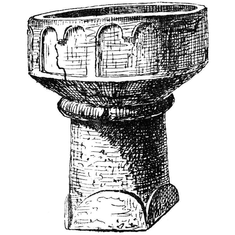 Source caption: "Dopfunt av granit i Hägerstads (gamla) kyrka, Östergötland. Teckning i "Utdrag af Antiqvitets-Intendenten P. A. Säves afgifna berättelse för år 1861", publicerad i Antiqvarisk tidskrift för Sverige band 1, 1864. Text: Dopfunt, rund, med trind fot (understenen fattas), af granit, 1 aln 8 tum hög, med rundbågar kring skålen; ligger upp- och nedvänd på kyrkogården. Oklart var den nu befinner sig; dopfunten i Hägerstads nya kyrka kommer från den gamla kyrkan, men är i sandsten."