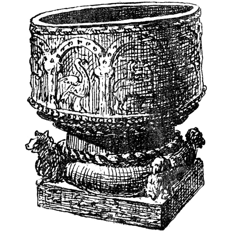 Source caption: "Dopfunt i Stora Åby kyrka i Östergötland. "Dopfunt, 1 aln 16 tum hög, skålen 1 aln 6 tum vid, med djurfigurer i rundbågar m. m." Teckning i "Utdrag af Antiqvitets-Intendenten P. A. Säves afgifna berättelse för år 1861", publicerad i Antiqvarisk tidskrift för Sverige band 1, 1864."