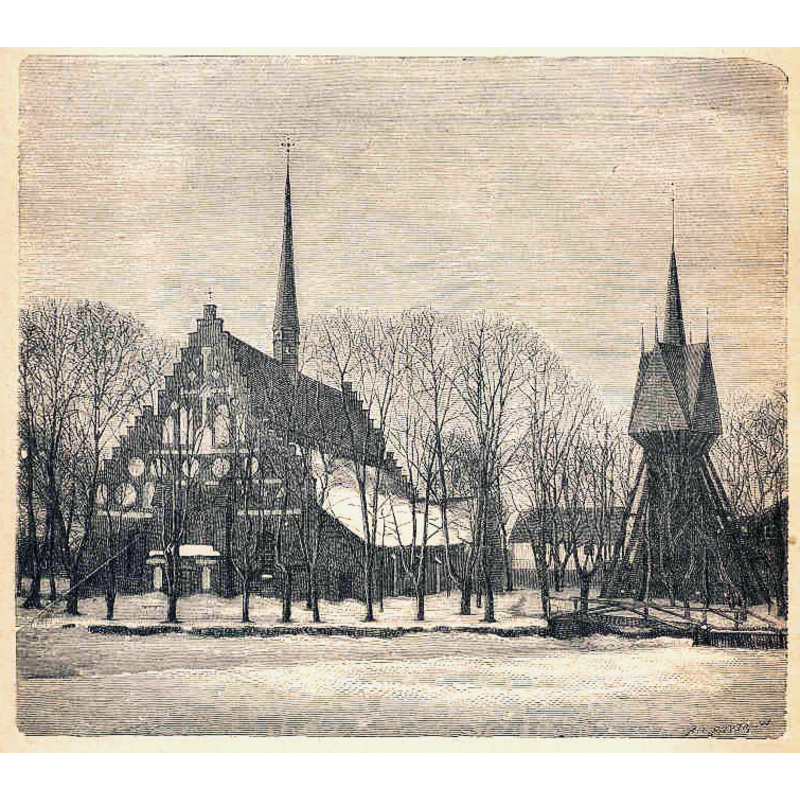 Source caption: "Sankt Laurentii kyrka i Söderköping, byggd i baltisk tegelgotik, extriörbild från 1880-talet. Avbildning i "Sveriges historia III", skriven av Oskar Alin, tryckt i Stockholm 1889, sidan 397." -- one of the few images found in which both the church and the detached bell tower can be seen together [NB: the original image has been flipped horizontally]