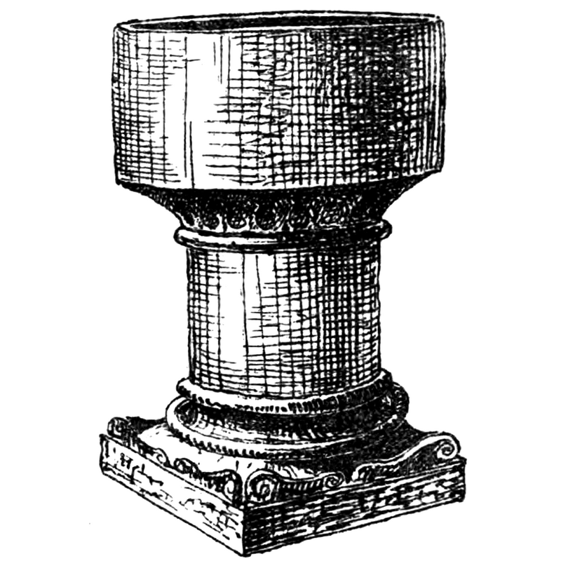 Source caption: "Dopfunt i Åsbo kyrka i Östergötland. "I sakristian förvaras en dopfunt af täljsten, 11/2 aln hög, rund och slät, med fyrkantig utarbetad fot."