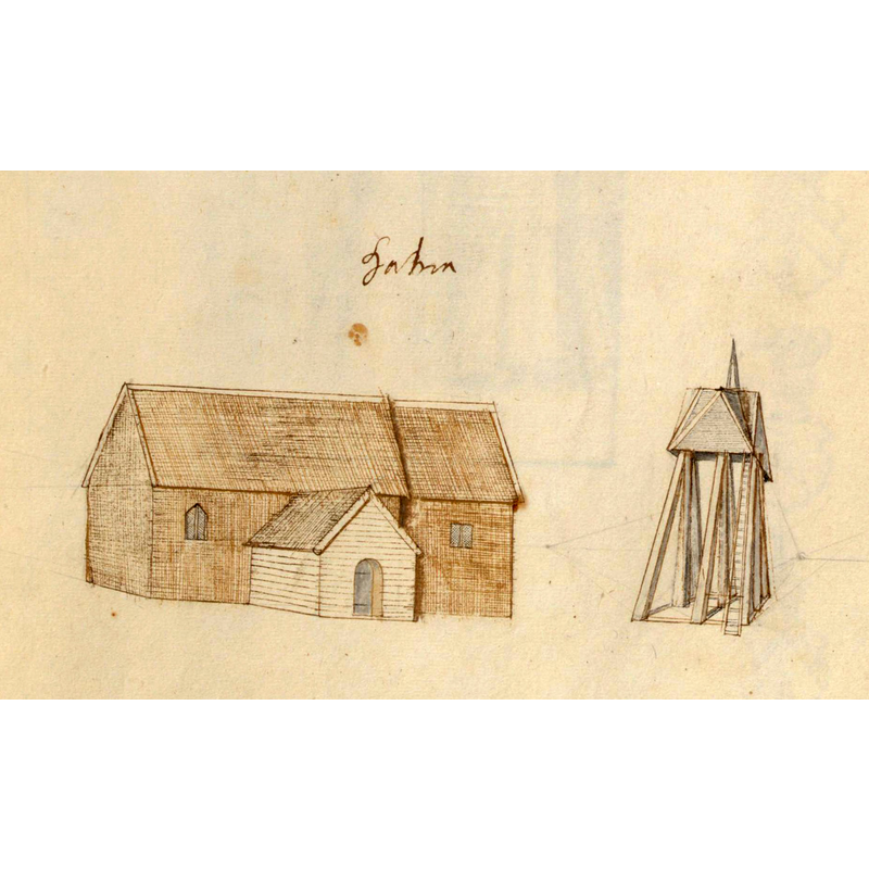 late-17thC view of the old wooden church at Halna, in Johan Peringskiöld's Monumenta[...]
