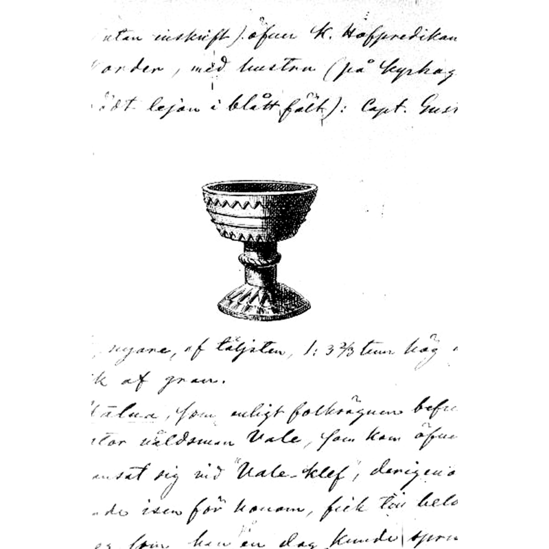 Source caption: "Dopfunt, medeltida. Stod tidigare i gamla kyrkan. Foto av teckning ur P.A. Säves berättelser 1862."