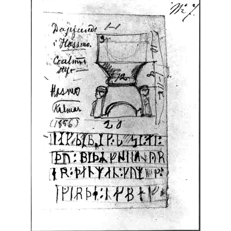 the drawing shows the measurements in ft/in and a transcrition of the Runic inscription around the upper rim