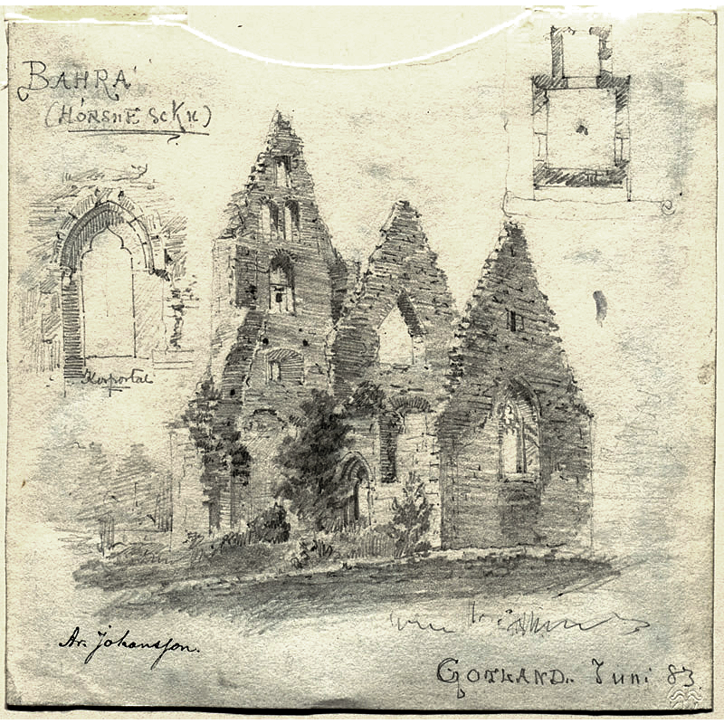 June 1883 drawing of the ruined church by Aron Johansson