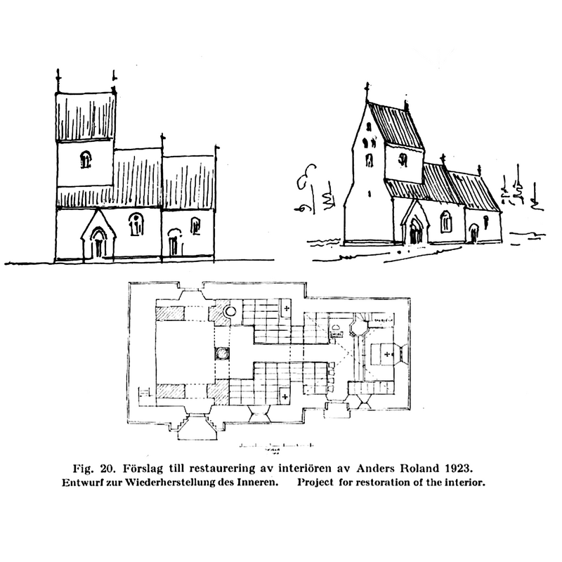 drawings of the restoration of the church by Anders Roland in 1923 -- the church was never renovated but established as a safe ruin