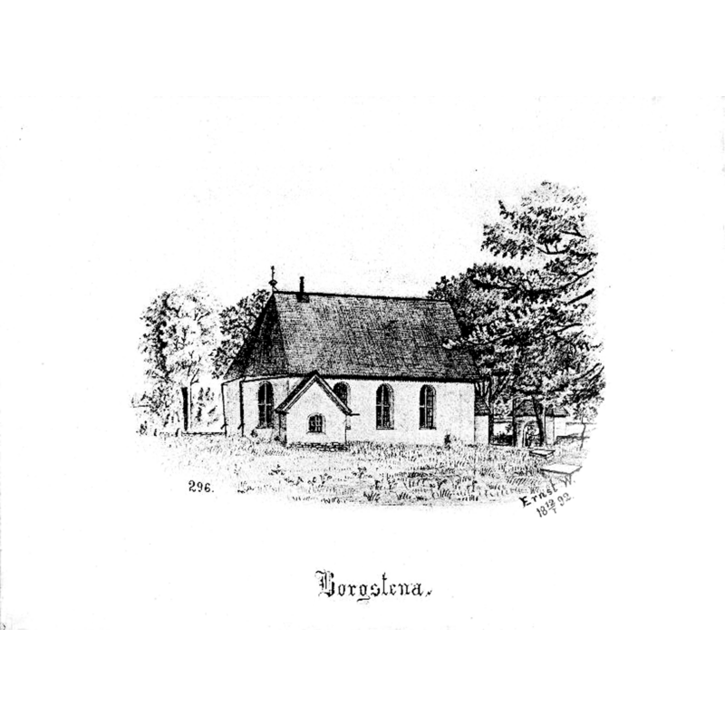 sOURCE CAPTION: "Kyrkan från norr. Tryck av teckning av Ernst Wennerblad, 1892."