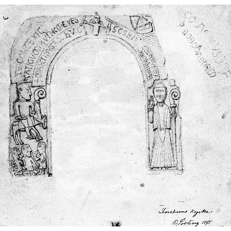 Source caption: "Stenrelief över södra portalen, S:t Martin och S:t Nikolaus. Teckning utförd 1875 av Olof Sörling."