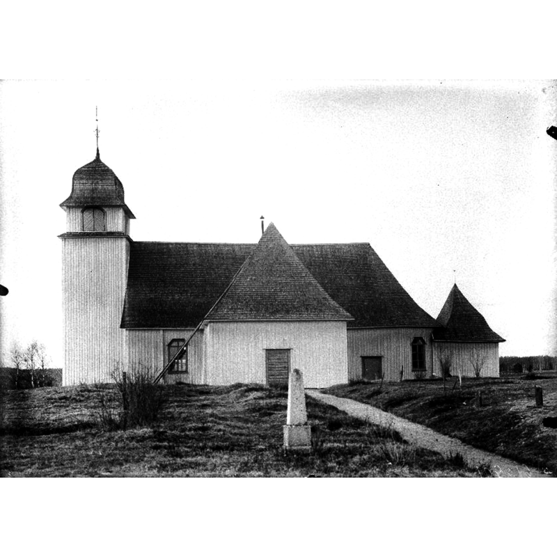 the photograph is undated but the church burned down in 1923; it was a 17thC re-building of the medieval wooden church; the new church was inaugurated in 1928 on a nearby site