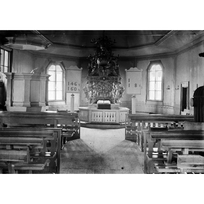 the photograph is undated but the church burned down in 1923; it was a 17thC re-building of the medieval wooden church; the new church was inaugurated in 1928 on a nearby site